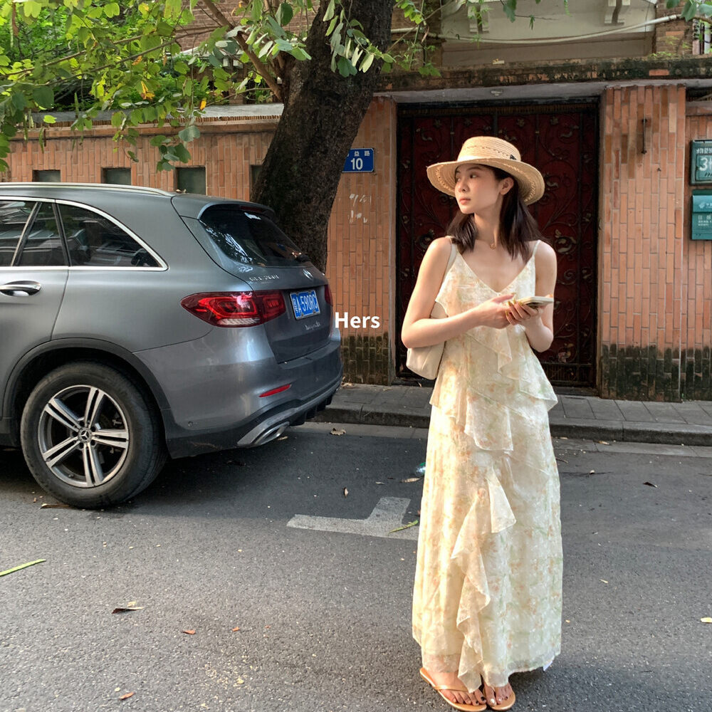 Đầm maxi nữ thắt eo họa tiết hoa nhí phong cách Pháp tay dây — màu hồng, màu tím, màu vàng