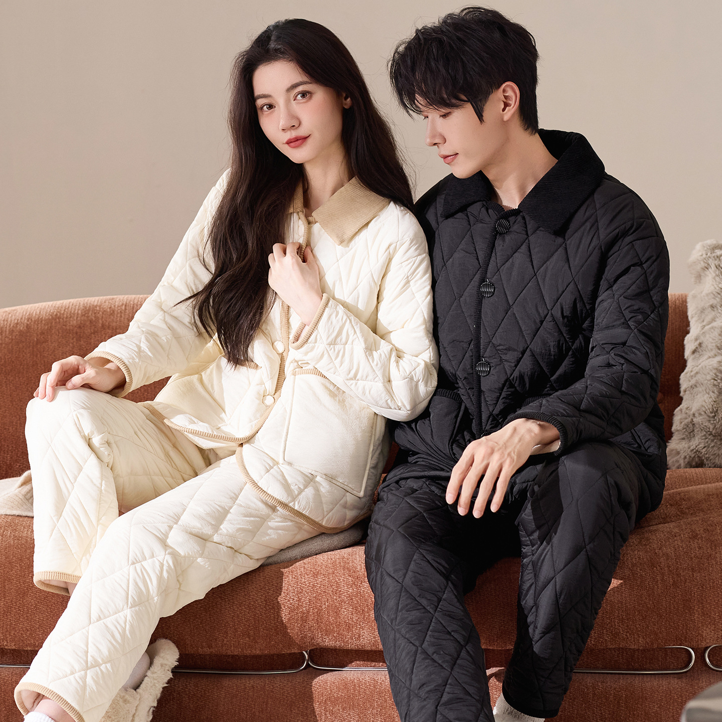 Couple Pajamas Women's Winter Coral Velvet New Three-Layer Thickeneded Quilted Waterproof Men's Flannel Home Wear Set