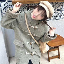 日系学院风灰色牛角扣连帽毛呢外套女2024秋冬小个子中长呢子大衣