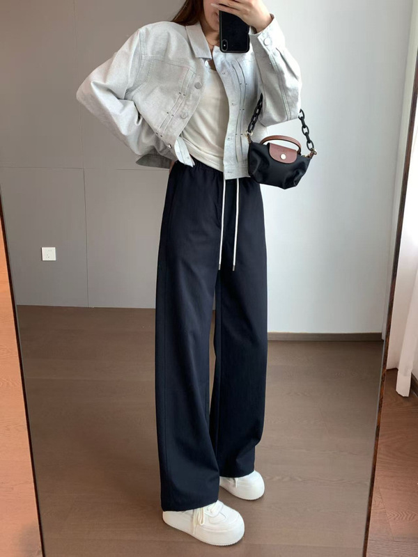 松弛佰搭 钛金棉软糯抗皱微阔立体剪裁系绳松紧腰休闲裤秋G092006|undefined