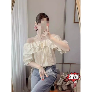 法式荷叶边一字肩衬衫女短袖2024夏季宽松遮肚子洋气漂亮雪纺上衣
