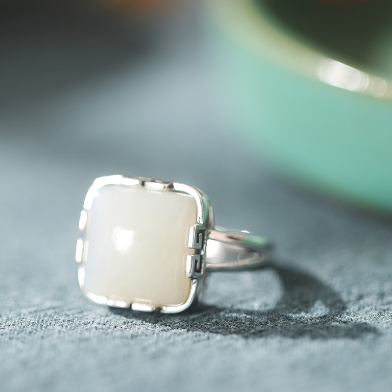 Square retro S925 silver inlaid Hetian jade geometric open ring