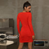 Long sleeve Pleated Dress with cut out buttock skirt in autumn and winter