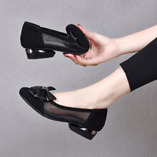 网纱镂空蝴蝶结单鞋女2026夏新款圆头低跟浅口妈妈鞋透气软底皮鞋