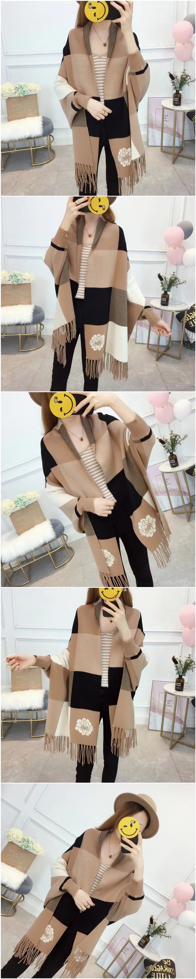 Knitted cardigan sleeved cape with jacquard fringed shawl plus size loose coat for women_voghion.com