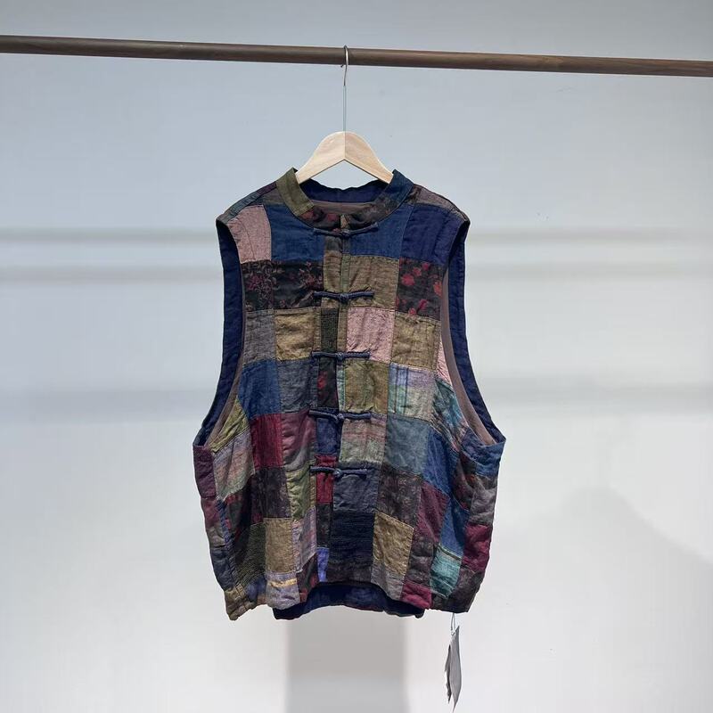 Nostalgic Vintage 250817 Retro Patchwork Buttoned Vest Double Layer Patchwork Sleeveless Loose Vest Outerwear Nostalgic Vintage 250817 Retro Patchwork Buttoned Vest Double Layer Patchwork Sleeveless Loose Vest Outerwear