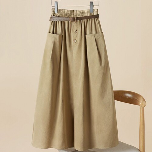 Women's 2024 Summer Loose Hem Skirt with Elastic Waist, Workwear Style, Large Pockets, Korean Version