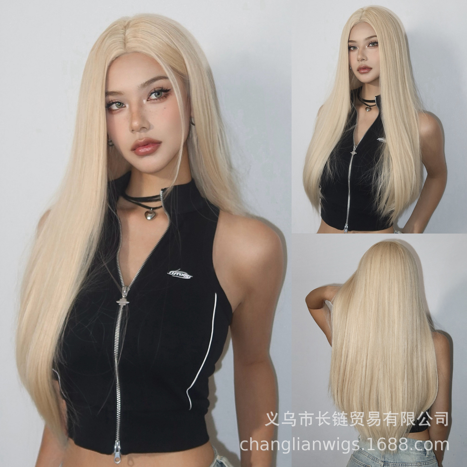 Luz transfronteriza Europa y América hasta la cintura peluca de pelo liso de longitud media negra cabeza entera seda doméstica femenina natural peluca Xuchang wigs