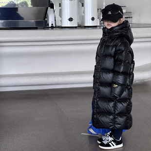 Black gold long children's down jacket Boys Girls baby over the knee warm thickened children's clothing children's older children's winter fashion