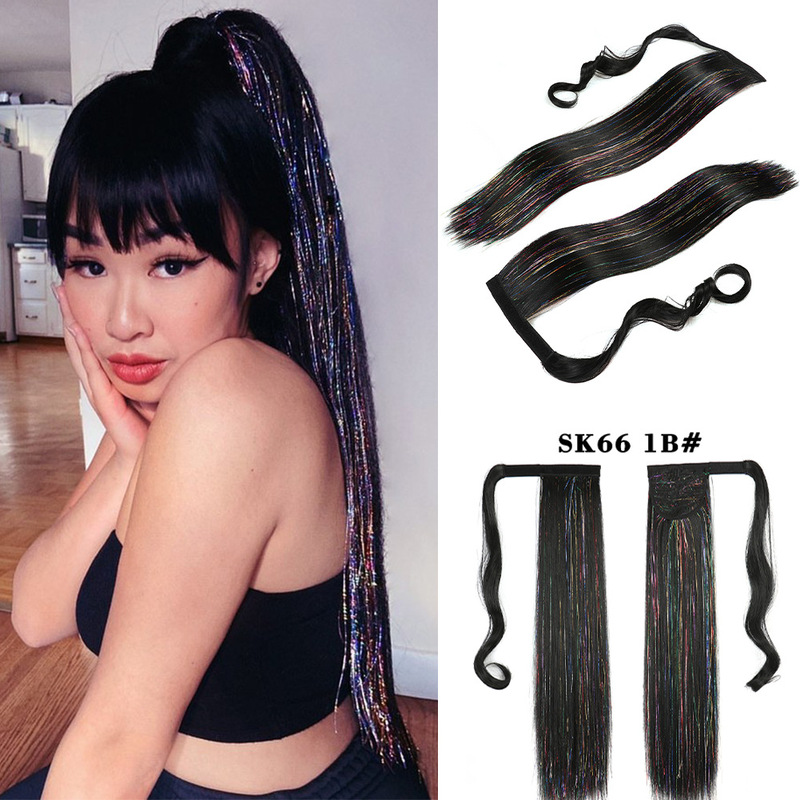 European and American Style Colorful Ponytail Tinsel with Magic Tape, Wrap-Around Ponytail, Multicolor Silk Ponytail, Gold and Silver Silk Ponytail Tinsel