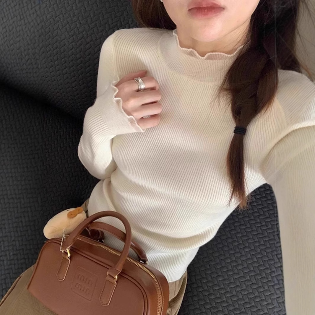 흰색 머플 반 터틀넥 스웨터베이스 셔츠 여성용 가을 및 겨울 프랑스 슬림 핏 내부 긴팔 스웨터 탑