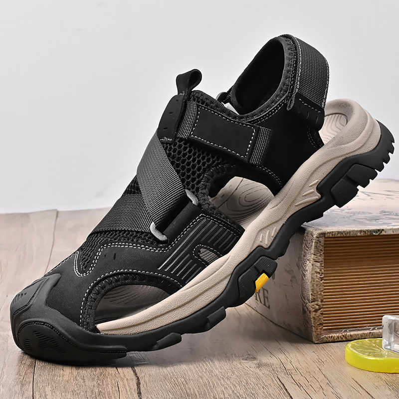 涼鞋男2024夏季透氣休閒男鞋純手工戶外運動鏤空一腳蹬包頭沙灘鞋