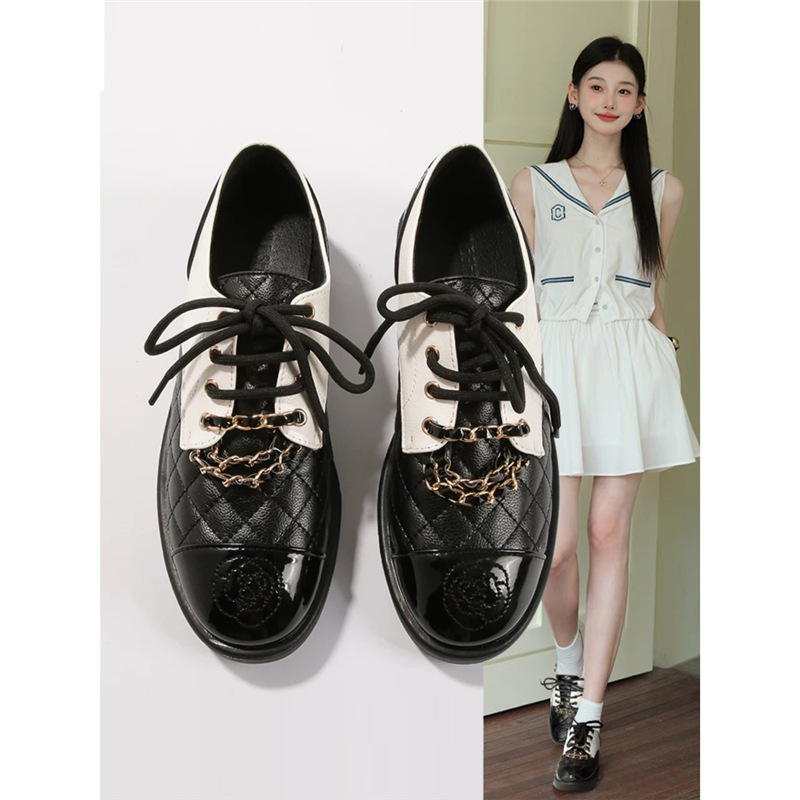 2025 Spring French Style Small Fragrance Diamond Color Block Small Leather Shoes Women's Metal Chain Flat Oxford Loafers 2025 Spring French Style Small Fragrance Diamond Color Block Small Leather Shoes Women's Metal Chain Flat Oxford Loafers