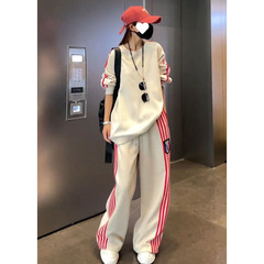 欧货新款休闲运动服穿搭时尚侧边条纹套头卫衣阔腿