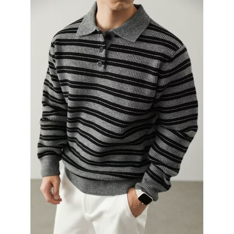 Polo camiseta de puntada suéter hombre rayas retro viejo estilo de negocios de otoño y invierno comercio exterior transfronterizo al por mayor image 7
