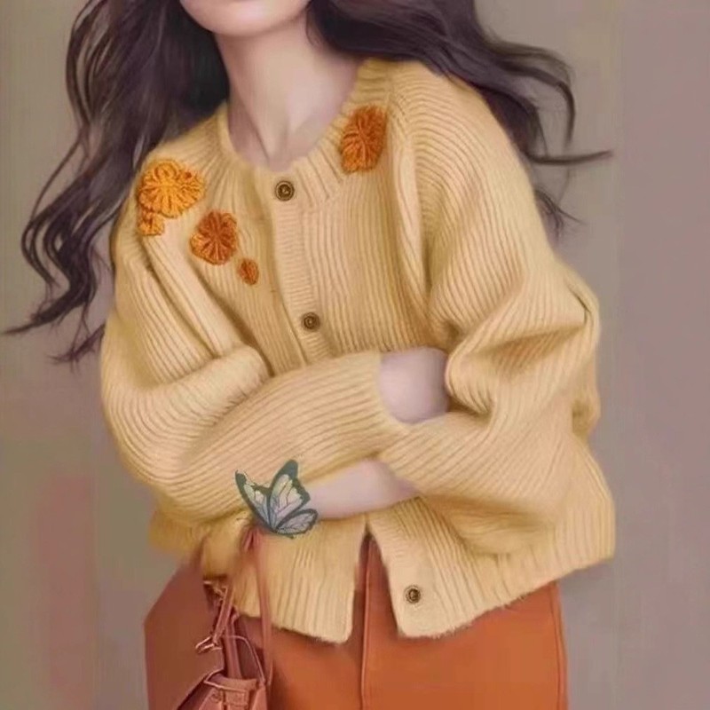 简约刺绣花朵减龄小香风毛衣女秋冬新款针织开衫外搭洋气上衣女|undefined