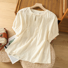夏季新款棉麻小团花飘绳圆领斜盘扣中袖上衣女中国风复古衬衫上衣