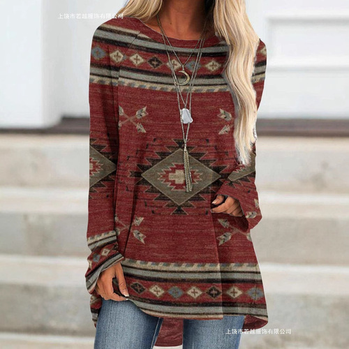 Independent station Western and Eastern best-selling women's loose T-shirt Western style round neck printed women's long-sleeved top