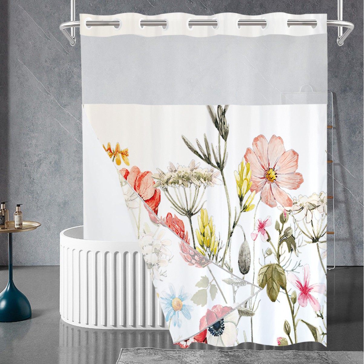 La cortina de baño impermeable con impresión digital de anillo grande de doble capa del fabricante, cortina de baño de hotel de poliéster pongee, se puede personalizar con imágenes transfronterizas