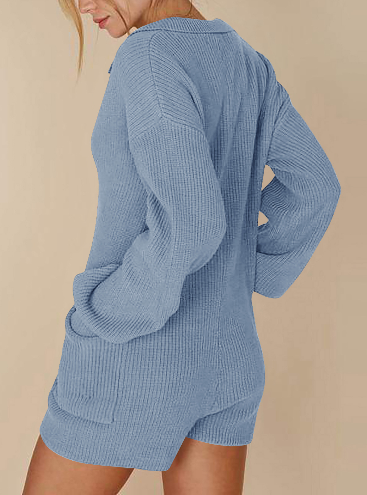 Amazon transfronteriza de las nuevas mujeres de color sólido solapa botón bolsillo mono de manga larga prendas de punto suéter pantalones cortos de las mujeres
