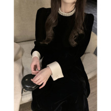 珍珍家法式气质挂珍珠撞色领口黑色丝绒连衣裙优雅氛围短款小黑裙