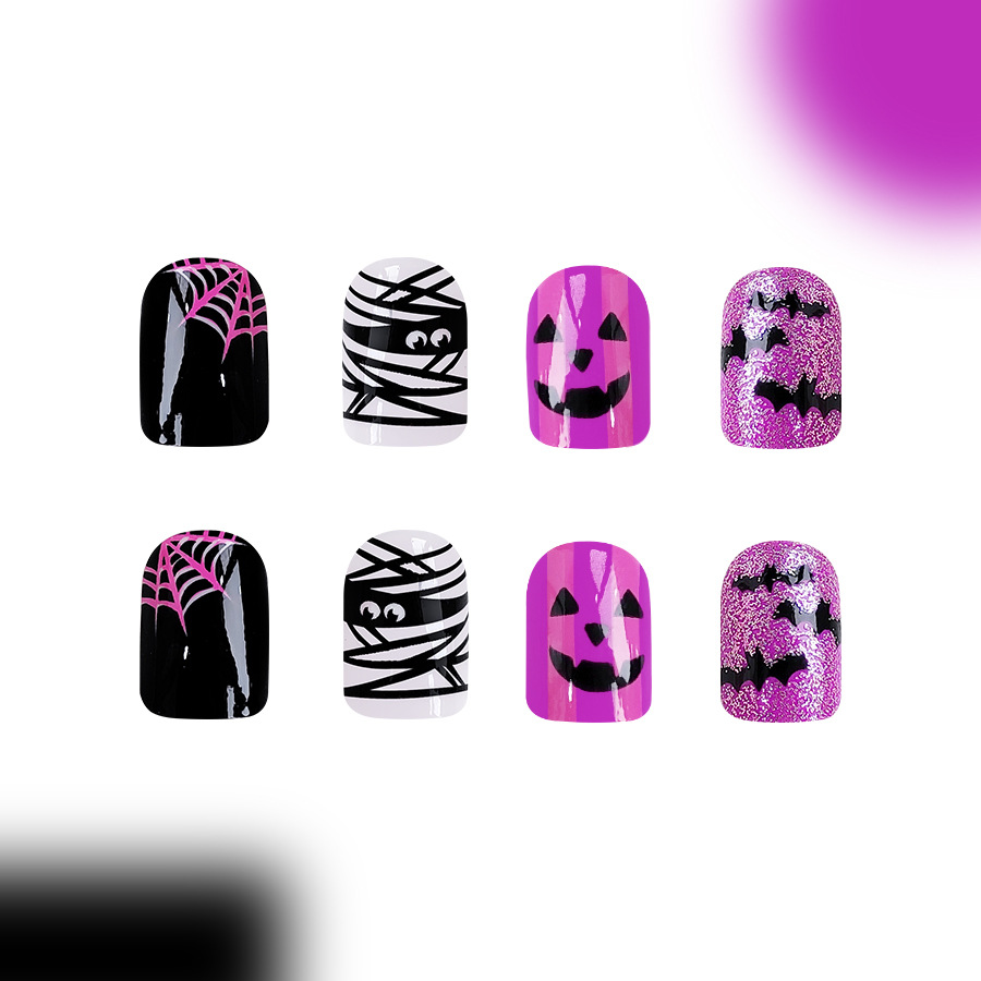 Halloween False Nails Glitter Spider Web And Bat Design 24 Pack_voghion.com