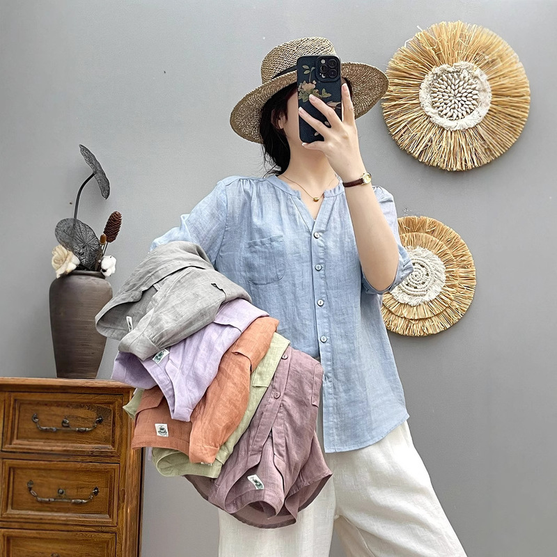Ramie Quarter-Sleeve Shirt for Women, Summer, Light and Breathable, Artistic Small V Neck, Simple and Versatile Pure Linen Mid-Sleeve Top, Wholesale Ramie Quarter-Sleeve Shirt for Women, Summer, Light and Breathable, Artistic Small V Neck, Simple and Versatile Pure Linen Mid-Sleeve Top, Wholesale