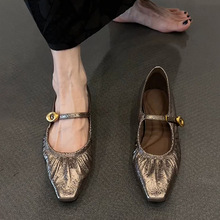 羊皮版~真皮复古平底褶皱内增高玛丽珍鞋女2025新款一字扣带单鞋