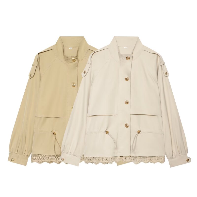 PB&ZA Autumn Women's Fashion Simple European and American Style Stand Collar Long Sleeve Single-Breasted Lace Patchwork Workwear Short Jacket