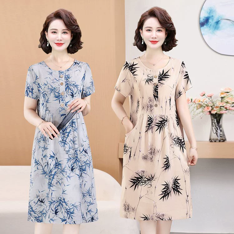 Хлопковое шелковое платье для мам среднего и пожилого возраста с короткими рукавами, летнее платье средней длины для бабушки, искусственный хлопок, круглый вырез, юбка большого размера с принтом