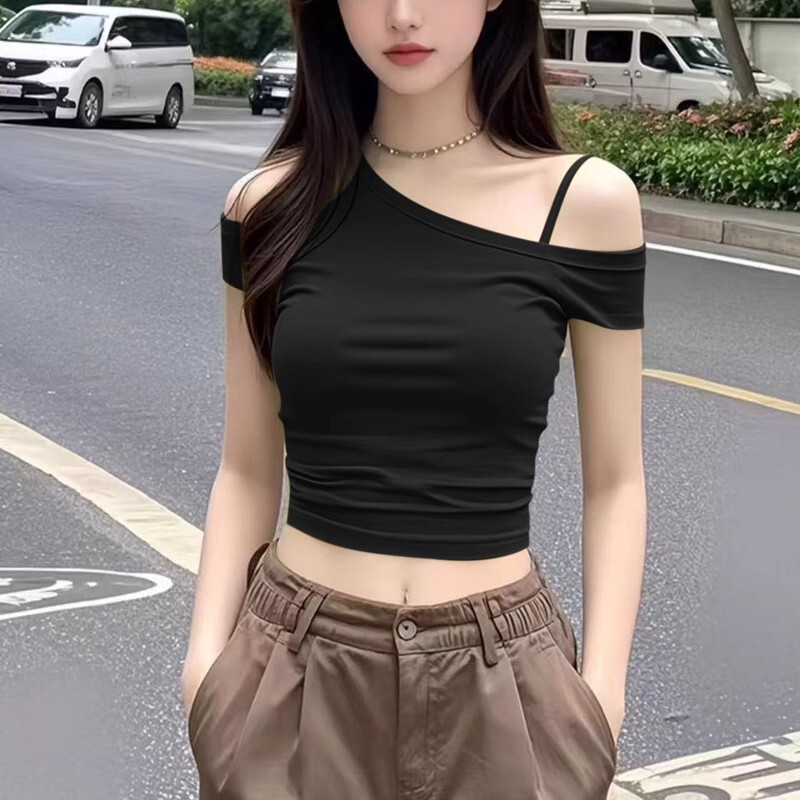 New Style Pure Desire Short Crop Top for Hot Girls, One-Shoulder Black Asymmetrical Neckline, Unique and Chic Small Top, Women's Summer Short-Sleeve T-Shirt New Style Pure Desire Short Crop Top for Hot Girls, One-Shoulder Black Asymmetrical Neckline, Unique and Chic Small Top, Women's Summer Short-Sleeve T-Shirt