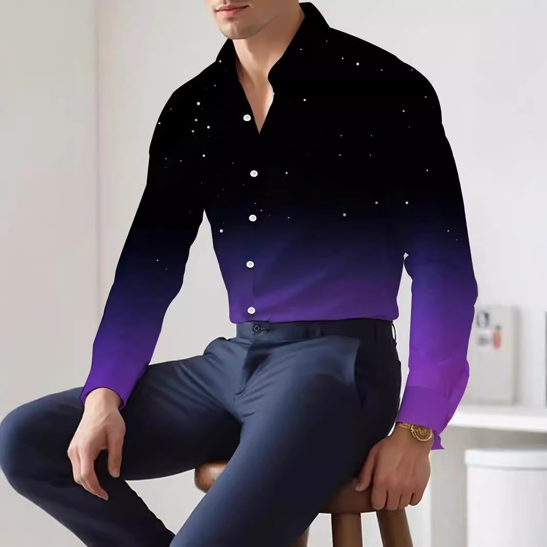 Hombres europeos y americanos 2024 nueva moda suelta degradada camisa de manga larga top se puede usar afuera MB12