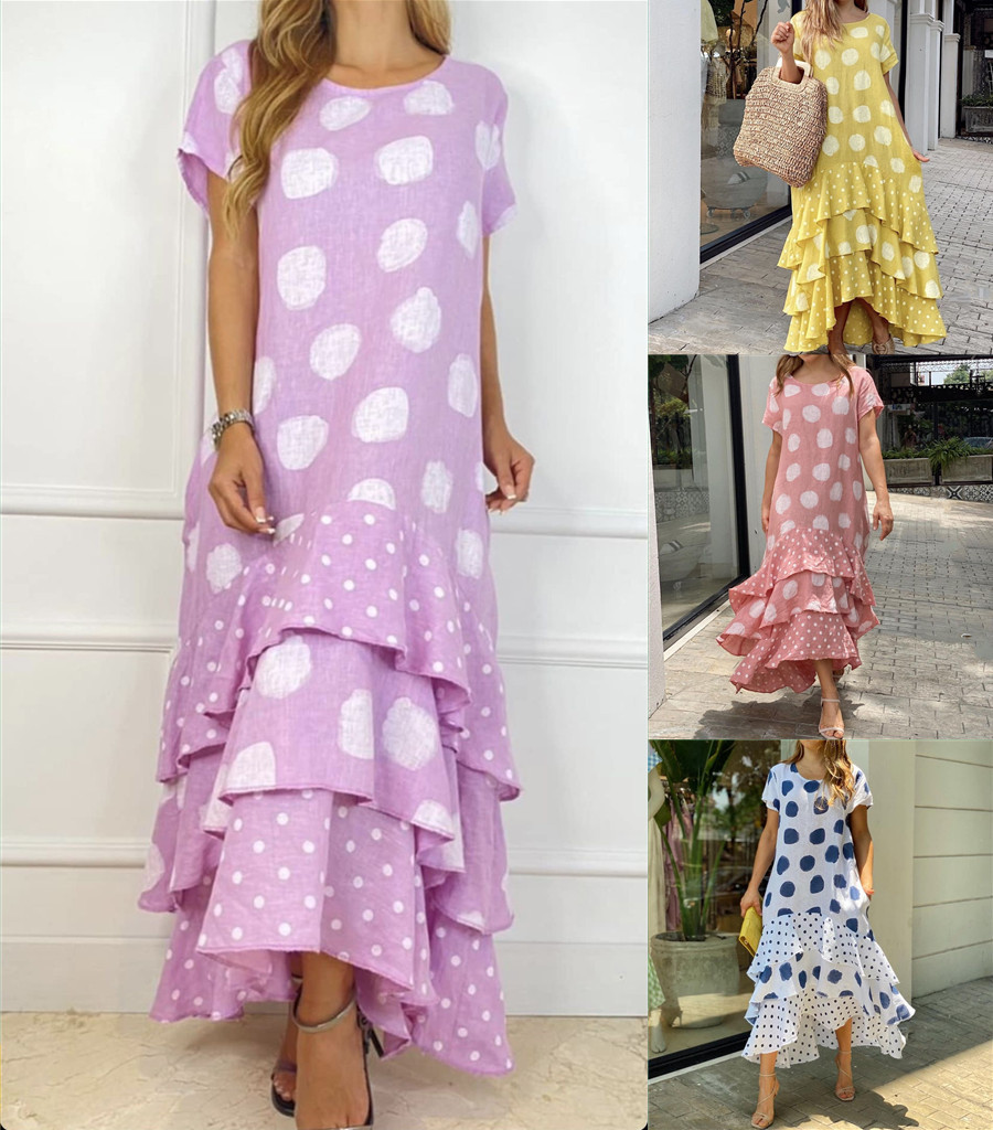 385g Weight Maxi Long Dress Dress Length Type Short Sleeve Sleeve Length Wholesale Women's Vacation Printing Round Dots Holiday Daily Round Neck Short Sleeve Swing Dress