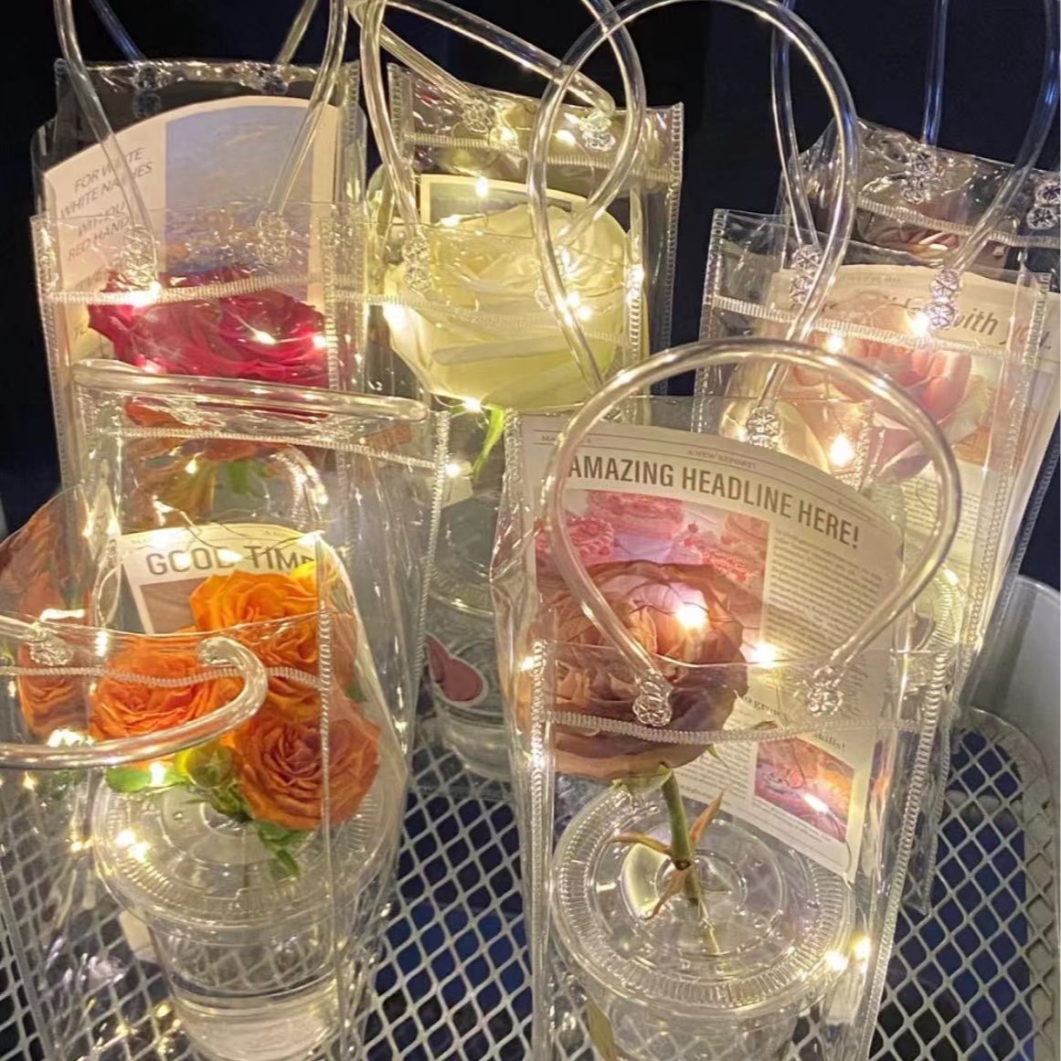 Bolsas de PVC transparentes al por mayor, bolsas de plástico personalizadas para cosméticos, bolsas de embalaje para compras, bolsas creativas personalizadas con diseño floral.
