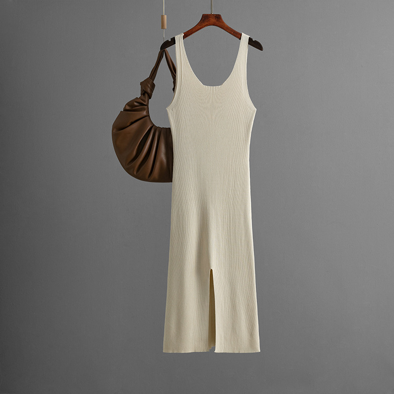 Sexy Knitted Sling Dress Summer Solid Color Back Slit Sheath Maxi Dress