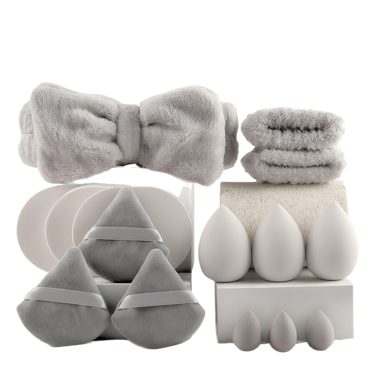 Juego de 31 piezas de soplo de flocado gris maquillaje súper suave conjunto de maquillaje triángulo soplo de terciopelo corto de cristal cojín de aire de esponja