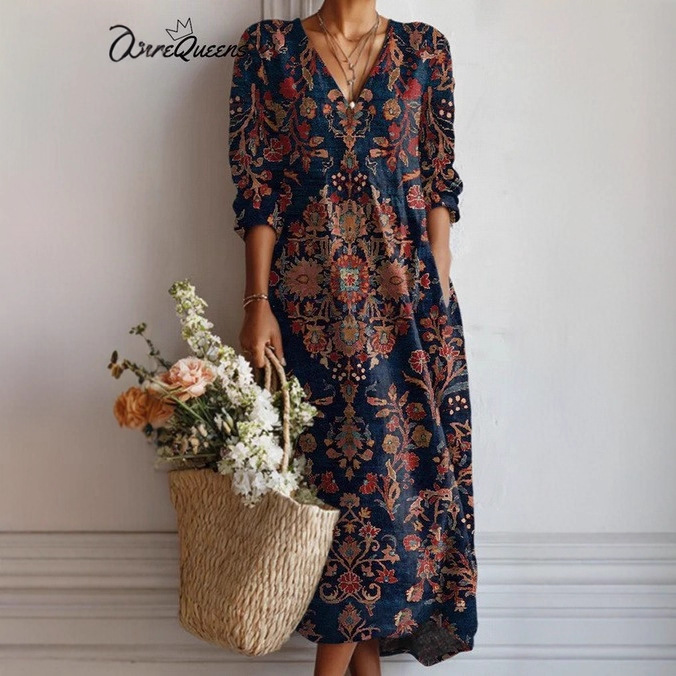 Cross-Border Temu Amazon Y2 Spring and Summer New Dress V-Neck Fashion High-End Long-Sleeved Print-2