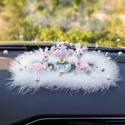 couple deer car decoration car: Car ornaments - colorful-starry-pearl-feather-pad-diamond-couple-deer-pink-colorful-purple-rose-starry-sky