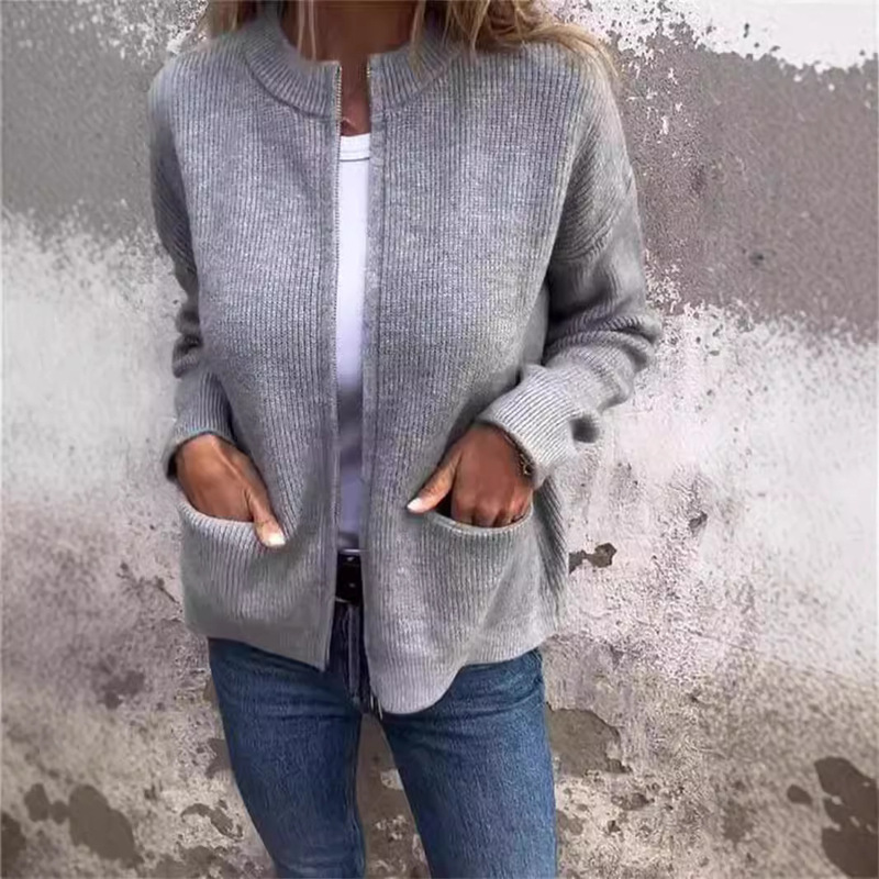 2024 Cross-Border European and American Autumn and Winter Independent Station Fashion Casual Stand Collar Zipper Jacket Loose Pocket Jacket for Women