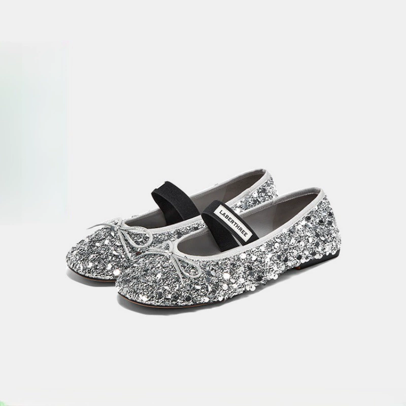 25 весенне-летних новых балетных туфель с круглым носком и блестками, с бантами и неглубоким носком на плоской подошве, семейная обувь, туфли Мэри Джейн