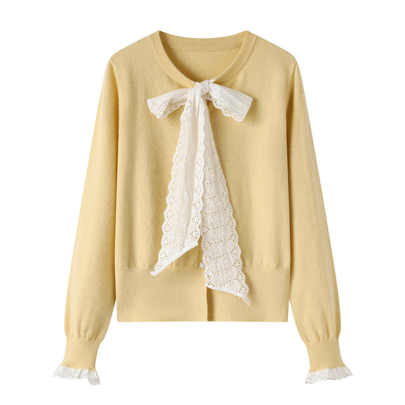 Bow Tie Knitted Knitwear for Women 2025 Autum New Sweet Right Shoulder Round Neck Cardigan Top M85A269