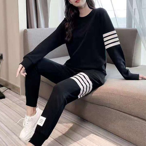 Cross-Border Waffle Sports Sweatshirt Set for Women 2026 Spring and Autumn New Style Loose Four-Stripe Plus Size Casual Two-Piece Set