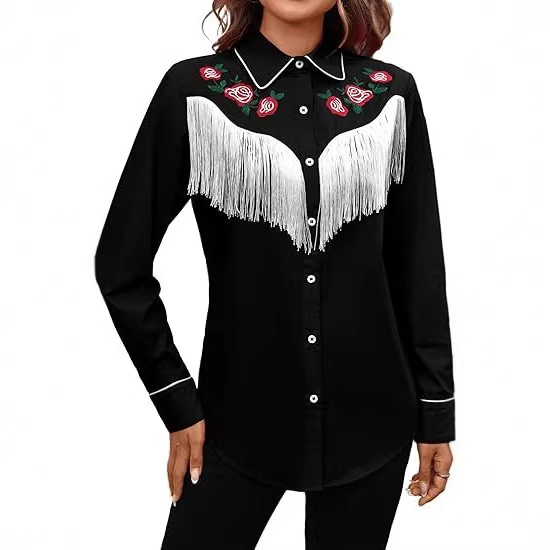 Cross-Border Women's Western Cowboy Fringe Shirt with Long Sleeves, Floral Embroidery, Snap Buttons, and Collar, Bohemian Style, Casual Cross-Border Women's Western Cowboy Fringe Shirt with Long Sleeves, Floral Embroidery, Snap Buttons, and Collar, Bohemian Style, Casual