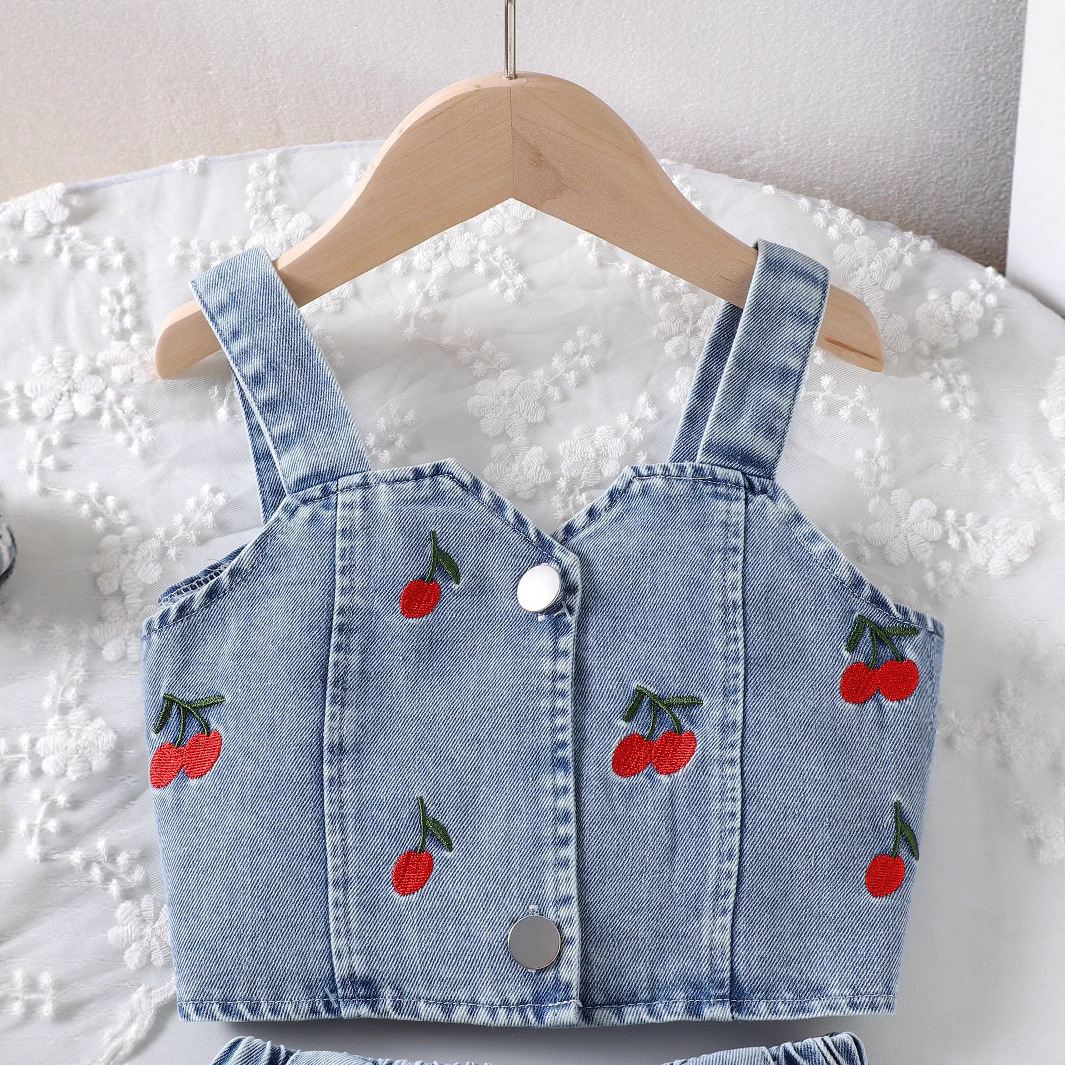 Zweiteiliges Sommer-Set aus besticktem Denim im europäischen und amerikanischen Stil, bestehend aus einem einreihigen Tanktop und einem Rock, für Kleinkinder (3-7 Jahre)._voghion.com