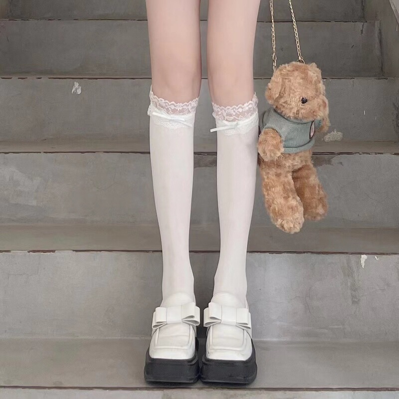 Thin lace white velvet light board calf socks ribbon blue bow Japanese jk sweet knee socks