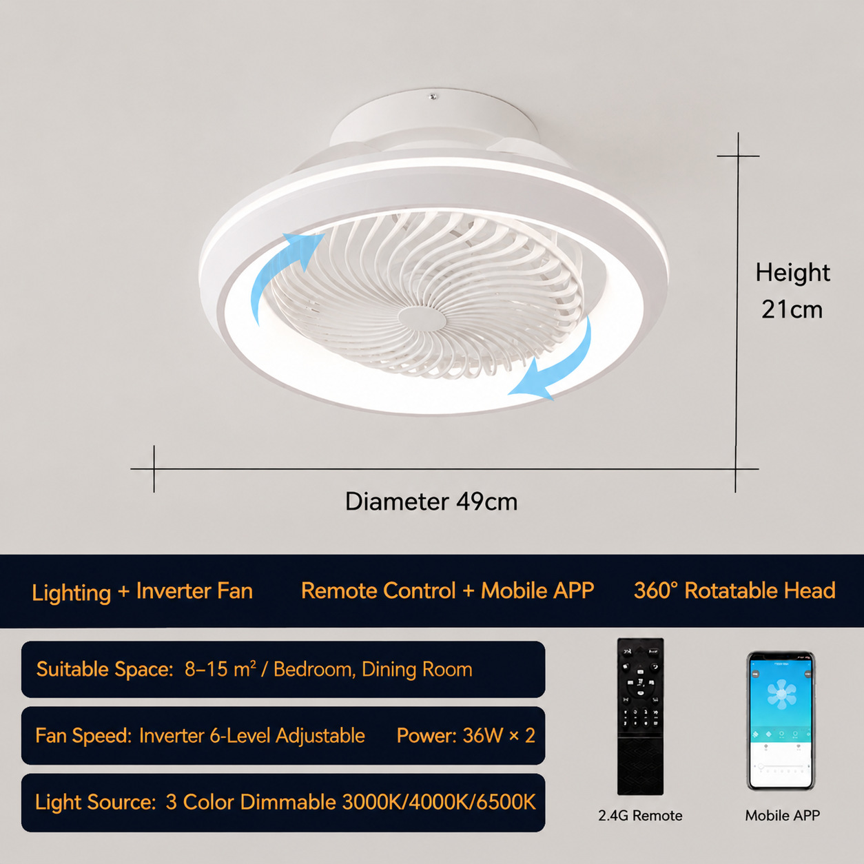 Lámpara Ventilador de Techo 110V de PC y ABS Inteligente con Control Remoto y APP para Dormitorio y Comedor