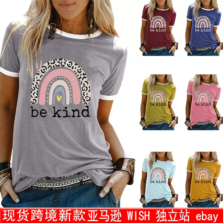 现货新款世纪服饰外贸独立站撞边女款be kind 30 印花T恤短袖