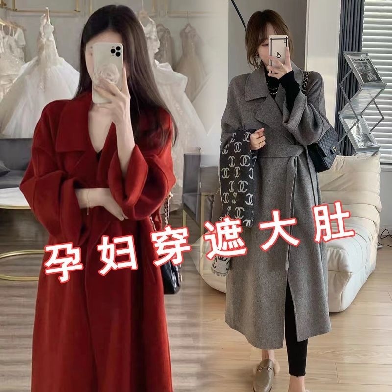 New Year's Red Wool Coat for Maternity Women, Petite Style, Autumn and Winter, Loose Fit, High-End Wool Coat