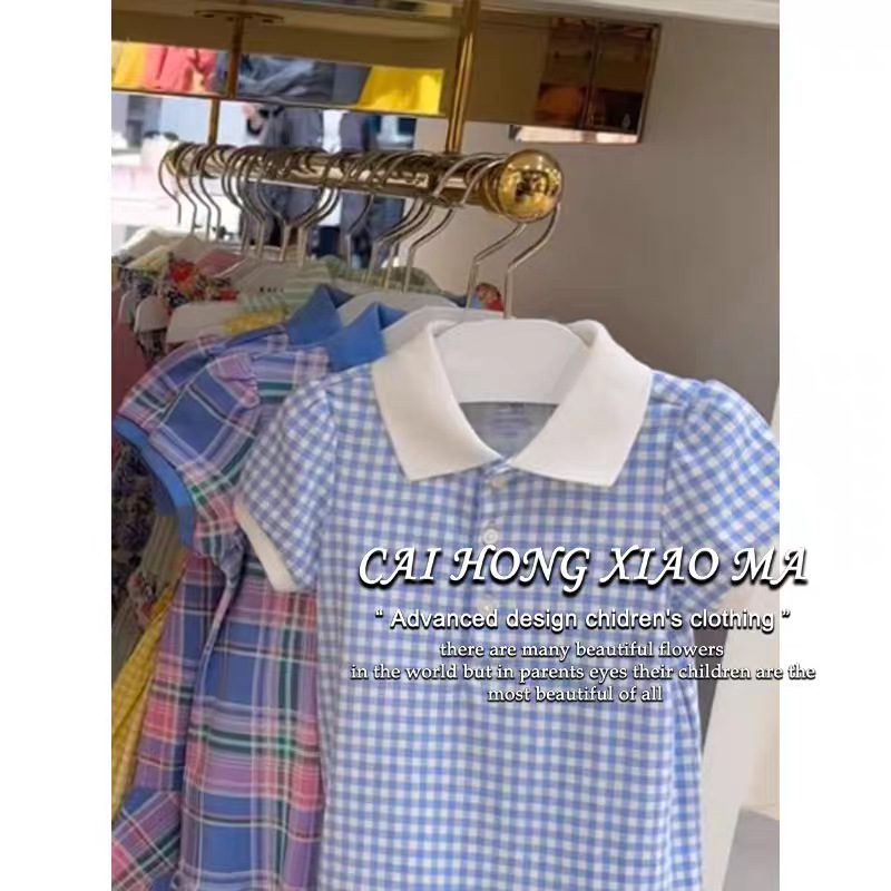 Xianning siete ropa para niños vestido de niña 25 verano nuevo estilo niña estilo extranjero vestido de encaje a cuadros con cuello Polo