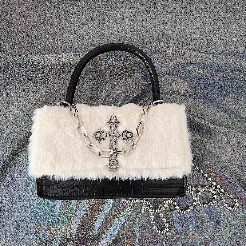 2025 New Gothic Cross Plush Small Square Bag, Y2K Hot Girl Style, Handbag Crossbody Bag For Women, Autumn And Winter_voghion.com